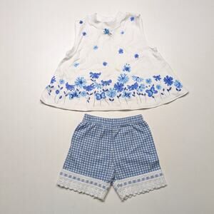 Vintage Young Hearts Outfit Girls Size 2T Blue Floral Gingham Biker Shorts Tank